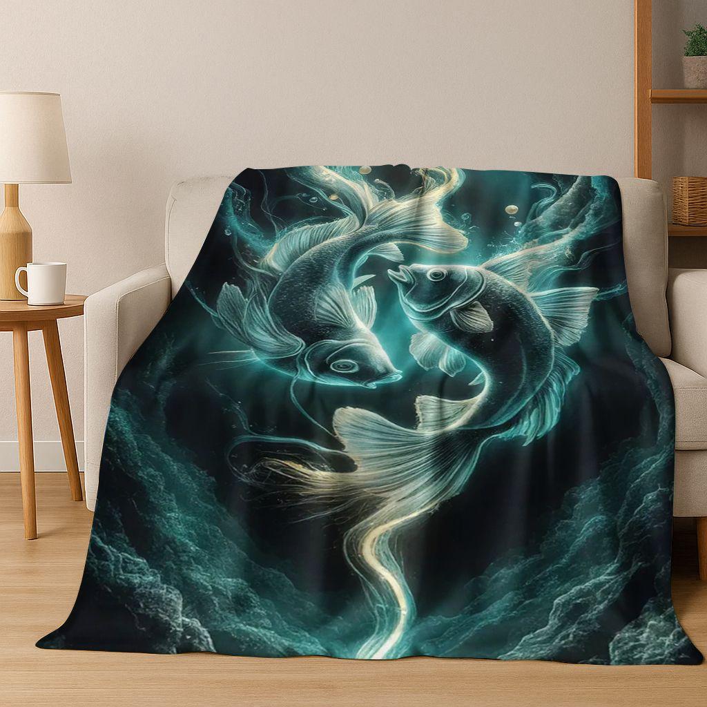Couverture en Flanelle de Luxe Poisson Koi Porte-Bonheur Yin Yang Carpe Dessin Animé, Couverture Douce et Confortable pour la Maison la Chambre à Coucher le Lit le Canapé Couverture Cadeau Enfant