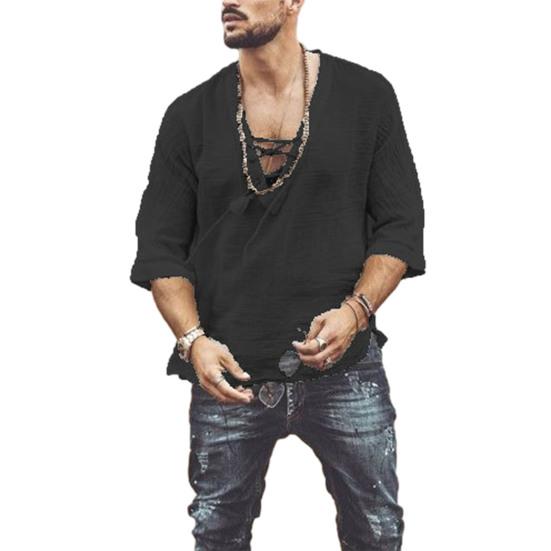 Men's Casual Cotton Linen Shirt Half Sleeve V Neck Lace Up Tee Shirts Bohemian Vintage Beach Summer Top