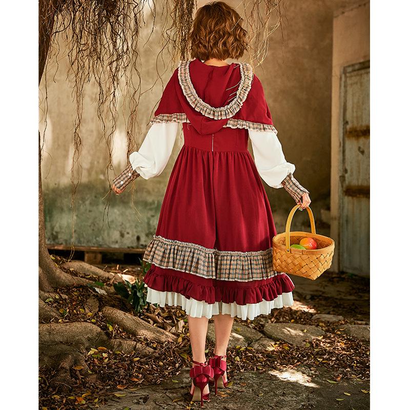 Lolita Nostalgic Lace Little Red Riding Hood Cosplay Dress - Wine Red Halloween Costume