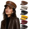 Béret en Cuir PU Décoration Chaîne Argentée Casquette Octogonale Vintage Casquette à Visière Automne Hiver