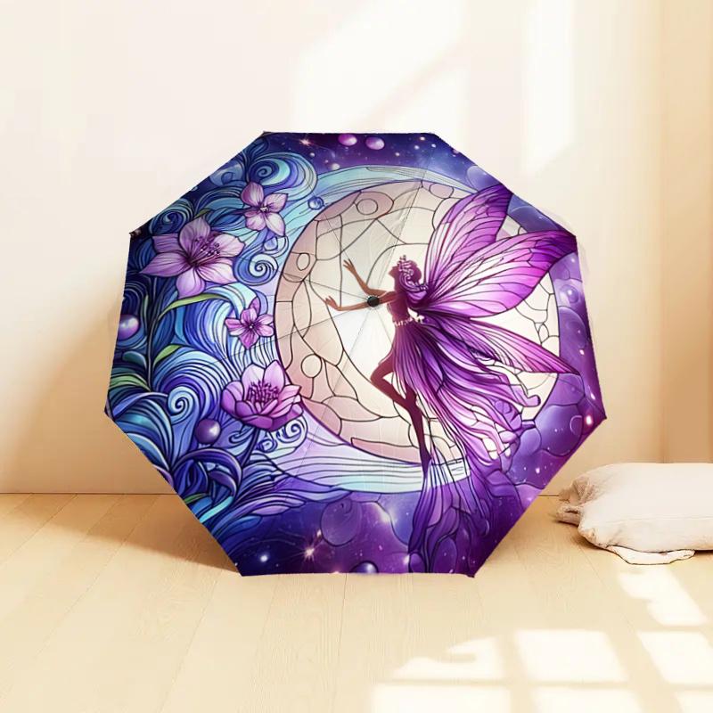 Starry Night Fairy Moonlight Automatic Folding Umbrella - Purple Butterfly Design, Portable 3-Fold Design with Iron Frame, Ideal for Outdoor