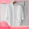 Chemise en lin blanc décontractée pour homme - Respirante, Coupe ample, Manches trois-quarts