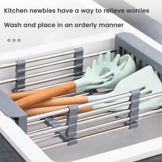 Foldable Sink Drain Rack Adjustable Retractable Dish Drying Basket Space Saving Kitchen Sink Organizer Multifunctional Cutlery Rack for Home Cafe