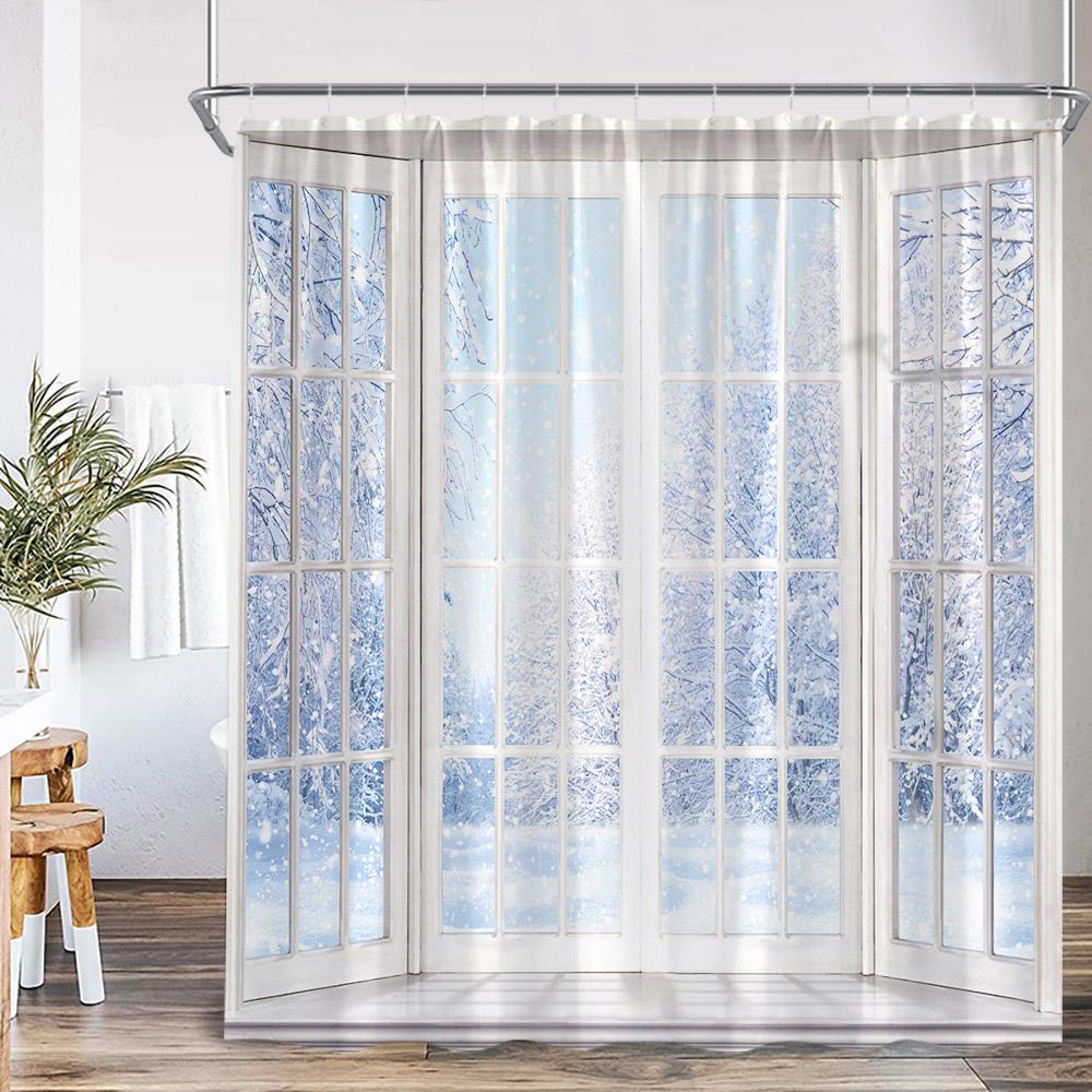 Winter Forest Scenery Shower Curtain Snow Window Outside Nature Landscape Snowy Pine Tree Bathroom Decor Polyester Bath Curtain