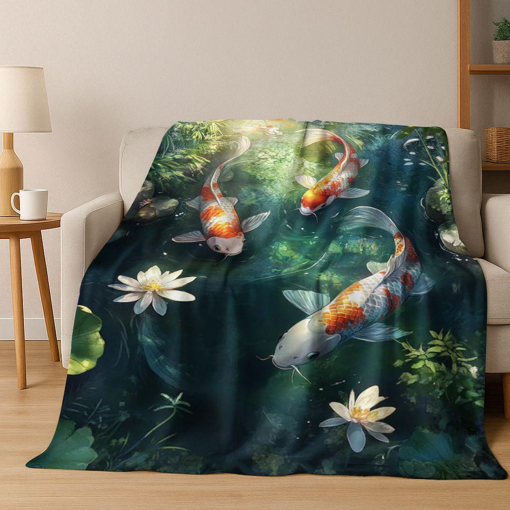 Couverture en Flanelle de Luxe Poisson Koi Porte-Bonheur Yin Yang Carpe Dessin Animé, Couverture Douce et Confortable pour la Maison la Chambre à Coucher le Lit le Canapé Couverture Cadeau Enfant