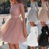 Women's Round Neck Long Sleeve Mini Dress Fit And Flare High Waist Glitter Tulle Elegant Cocktail Party Dress