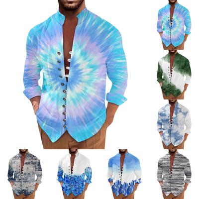 Men'S Retro Casual Loose Fitting Long Sleeved Printed Shirt Fashion Standing Collar Top
