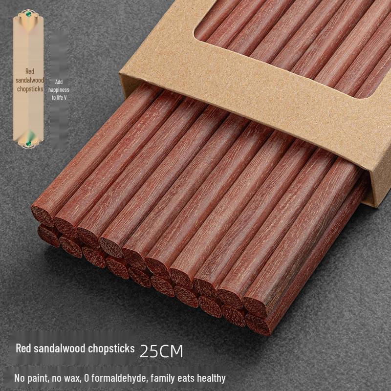 Red Sandalwood Chopsticks - Set of 10 Solid Wood, No Paint/Wax, Antibacterial, Anti-mildew, Engraved Logo, Ideal for Home Use