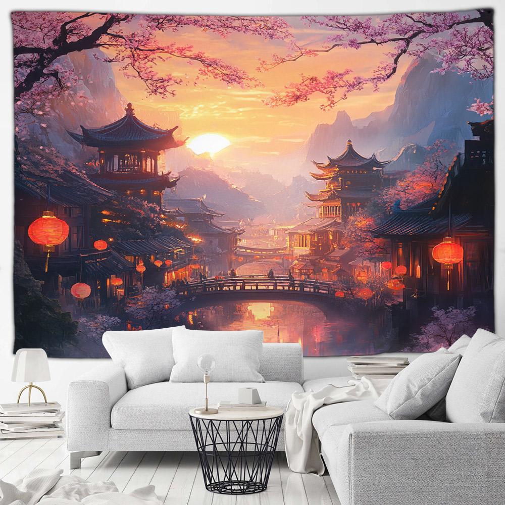 Asian Style Landscape Tapestry Nature Scenery Forest Waterfall Bedroom Living Room Home Wall Hanging Decor Natural Tapestry