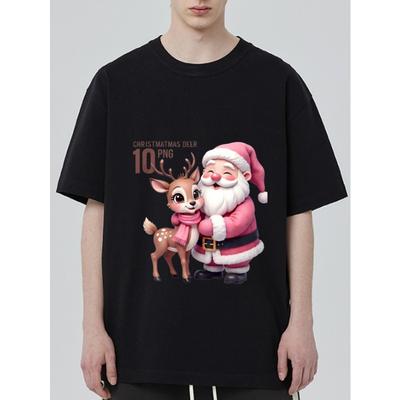 Christmas T Shirt Black Santa Claus and Deer Cartoon Print for Holiday Season