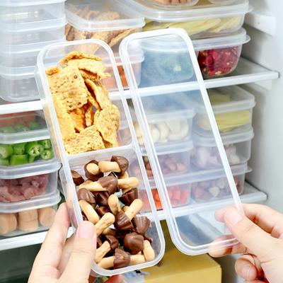 2Pcs Slim Meal Prep Boxes with Lids Long Clear Snack Containers with 2 or 3 Compartments Narrow Stackable Refrigerator Organizer for Kitchen
