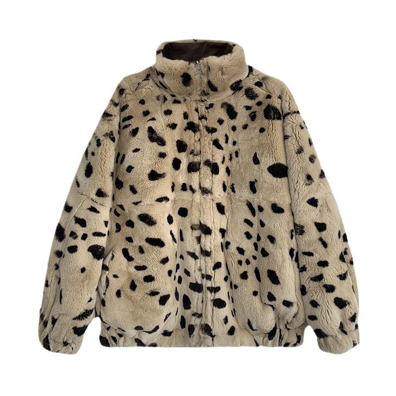 Dámská bunda s imitací rex králíka a leopardím vzorem, s klopou, plyšová, krátká, zimní, zesílená, jemný styl, top z jehněčí vlny
