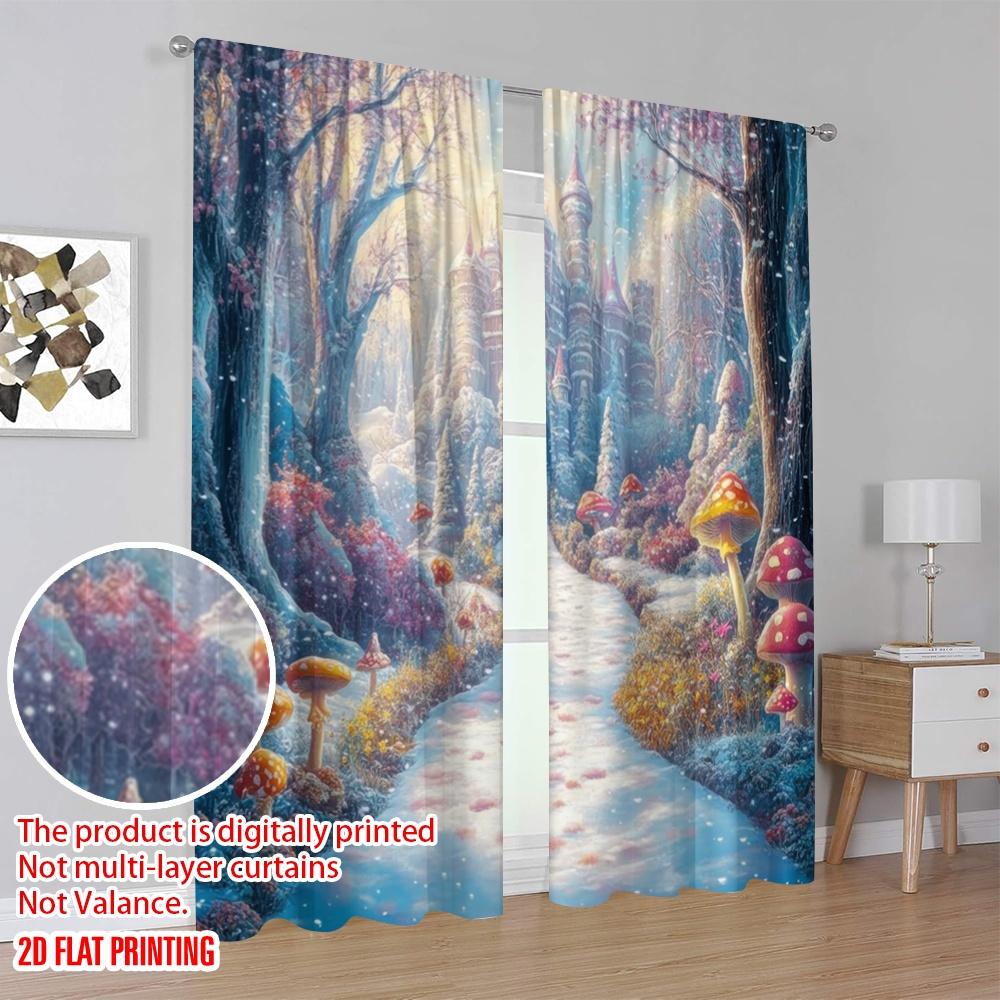 2pcs,2D Plane Printing Creative Curtains Enchanted Winterland Versatile Durable Polyester (without Rod) Decorations For Home