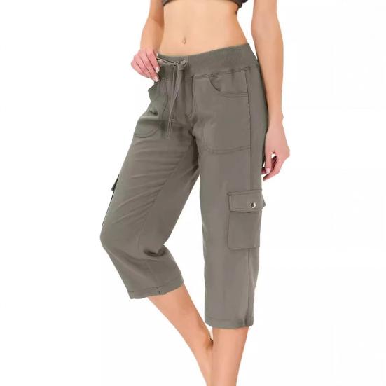 Cropped Pants Adjustable Waist Breathable Women Summer Pants Stretchy Fabric with Pockets Outdoor Travel Mid-calf Length