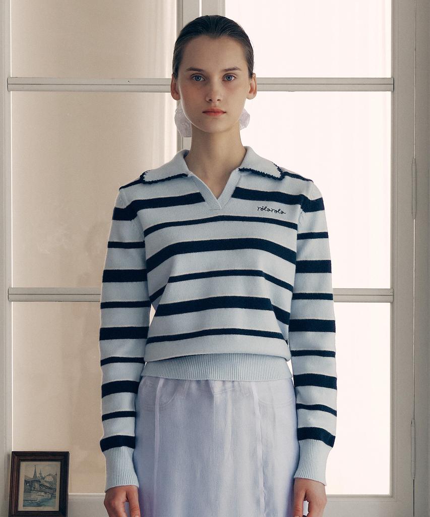 ROLAROLA V Neck Collar Stripe Knit Pullover Blue