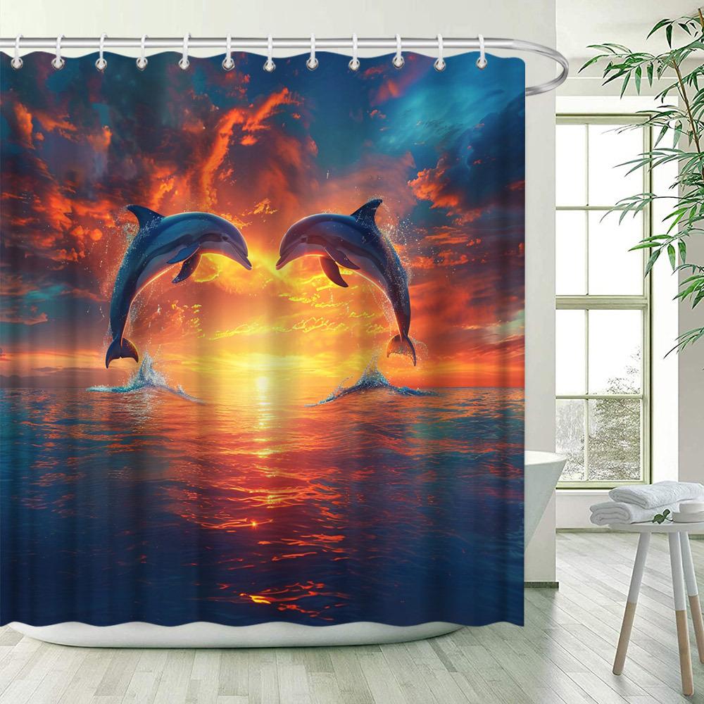 Sunset Dolphins Shower Curtain - Waterproof, Mildew-Resistant with Oceanic Design for Serene and Inspiring Bathroom Decor
