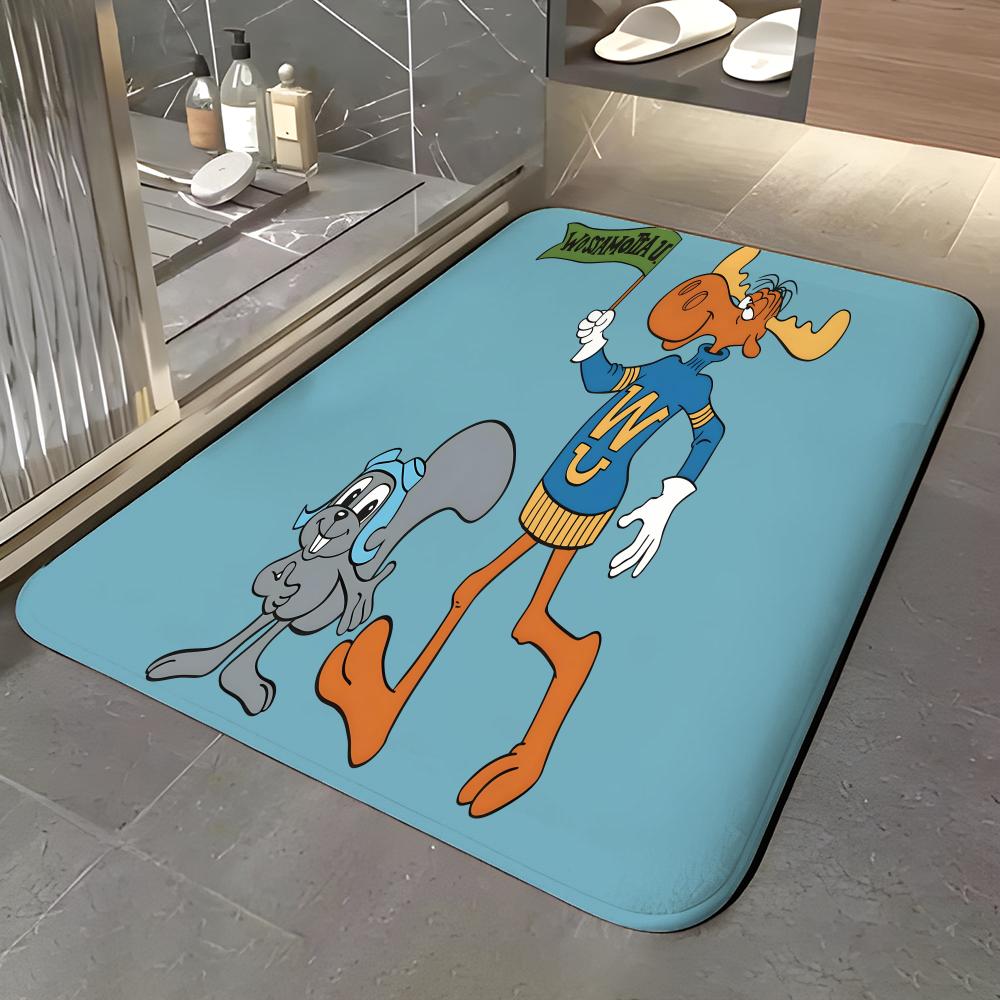 cartoon r-Rocky & b-Bullwinkle Floor Mat Soft Flannel Entrance Door Mat Non Slip Absorbent Bathroom Bedroom Floor Rug