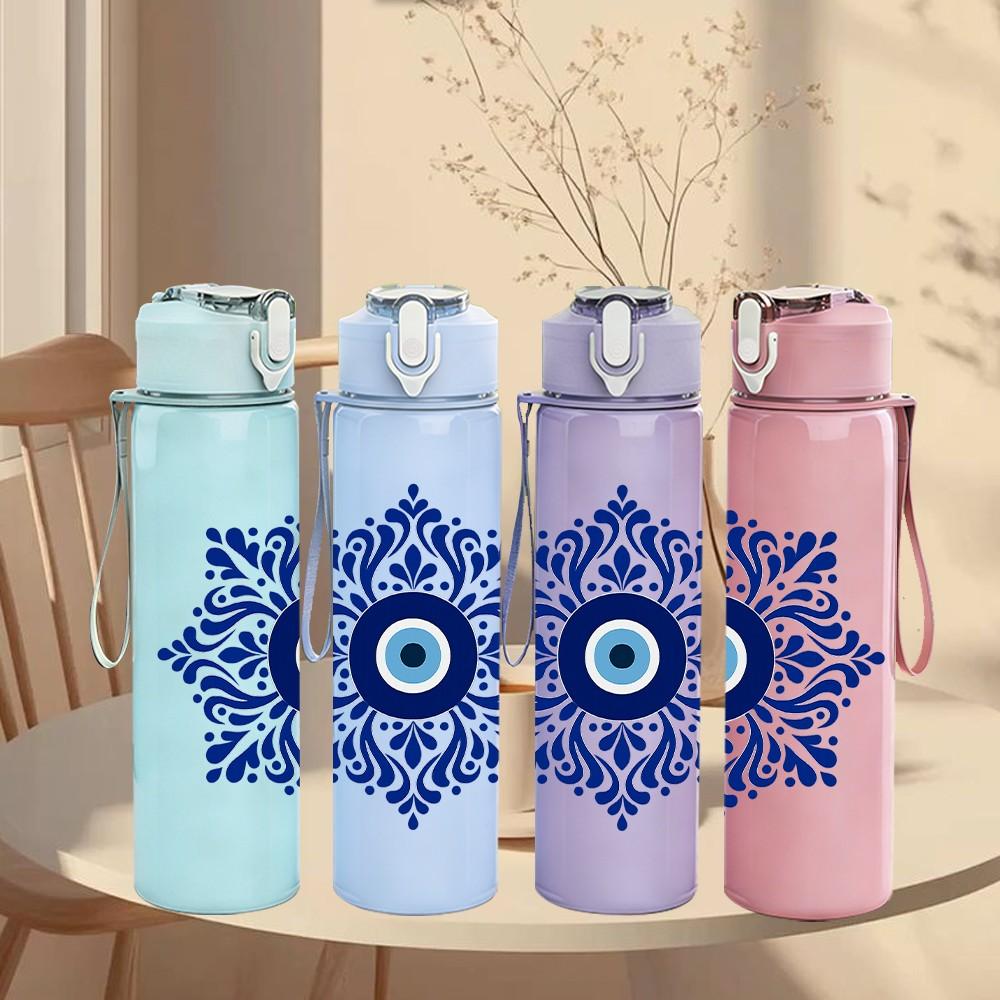 1PC Blue Evil Eye Mandala 750ml Color Plastic Sports Water Bottle Leakproof Flip Straw Lid Suitable for Sports Office Home Use