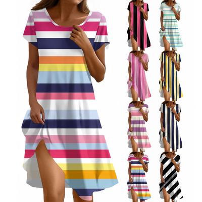 Women's Fashionable Casual V-neck Short-sleeved Tie Striped Print Dress