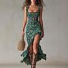 Robe Longue Florale Sans Manches Froncée Fendue pour Femme Robe d'Été Décontractée pour la Plage