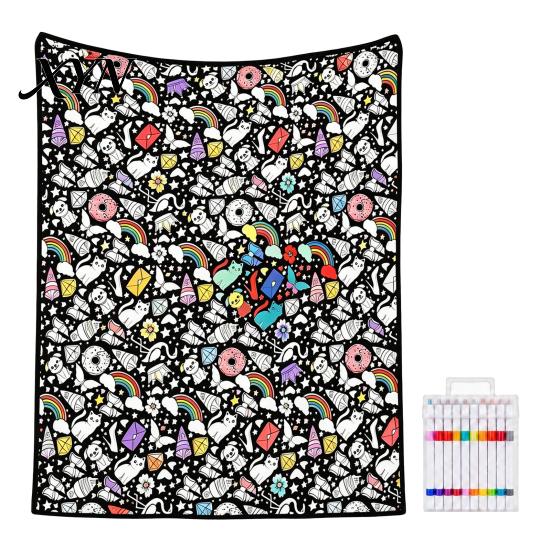 Handgefertigte dekorative Decke für das Schlafzimmer, DIY-Maldecke, Druck mit Cartoon-Mustern, weicher Polyester-Überwurf, gemütlicher Überwurf zum Lesen und Entspannen, interaktiv