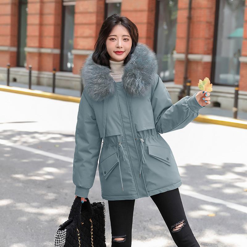 Women's Winter Fur Collar Loose Hooded Drawstring Piled Thickened Pie Thin Coat Women's Versatile Windproof