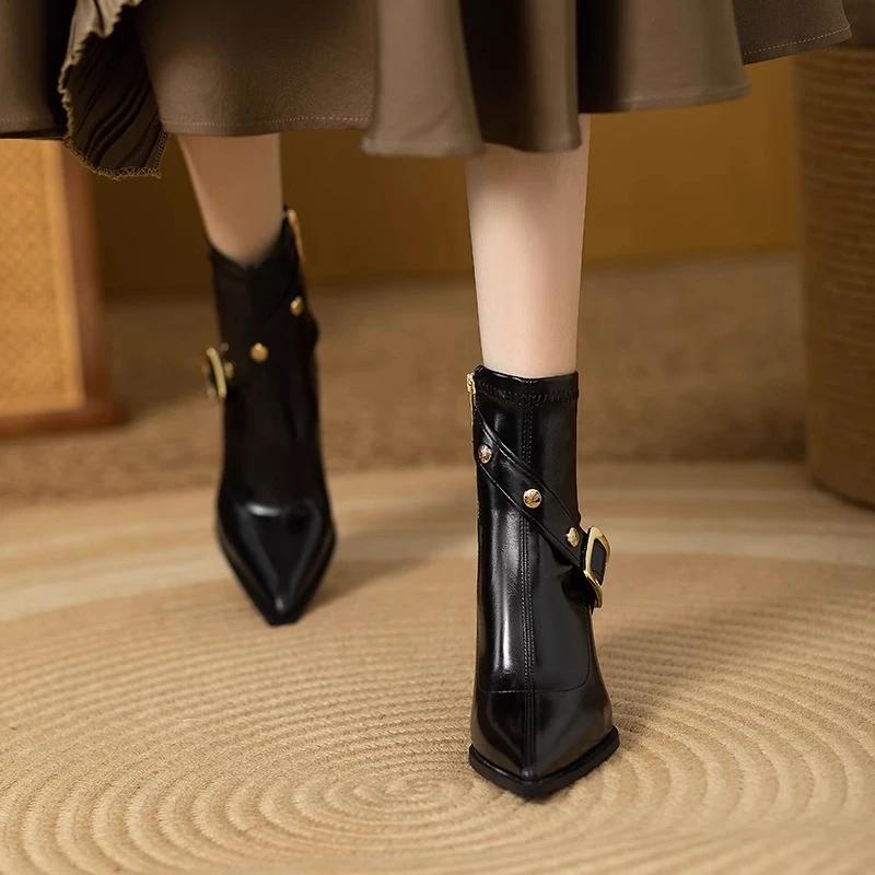 High Quality Women Ankle Shoes Belt Buckle Rivet Decoration Mature Zapatos Para Mujere Pointed Toe Thin Heels Solid Color Botas