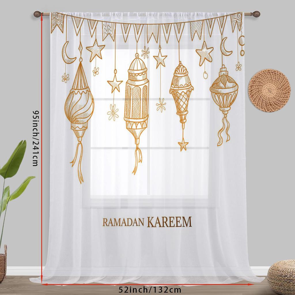 Single Panel White Background Gold Border Starry Moon Lantern Curtain Ramadan Festival Style Living Room Bedroom Translucent Curtains Polyester