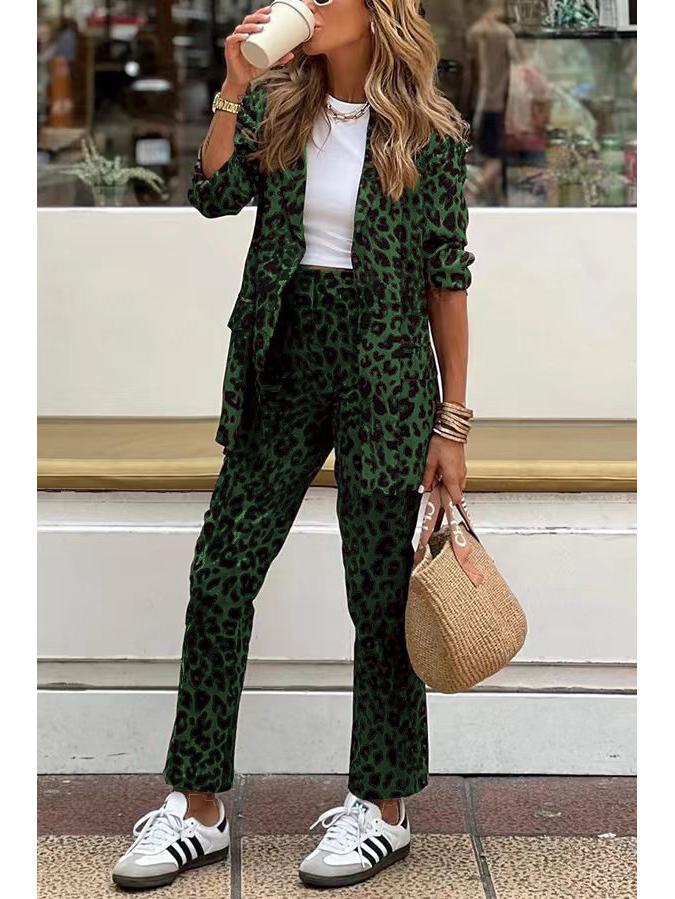 2024 Leopard Print Women's Autumn Winter Fashion Cardigan Jacket and Trousers Set