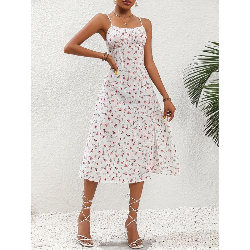 Letní dámské květinové špagetové ramínka Boho plážové šaty s potiskem Elegantní šaty na ramínka Čtvercový výstřih Rozparek Šaty Vestidos