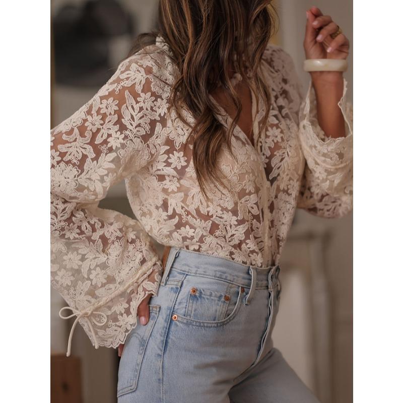 2026 New Fashion See Through Mesh Lace Shirt Korean Style Sweet Hollow Out Blouse Loose Casual Slim Long Sleeve Crochet Elegant Tops Solid Clothing
