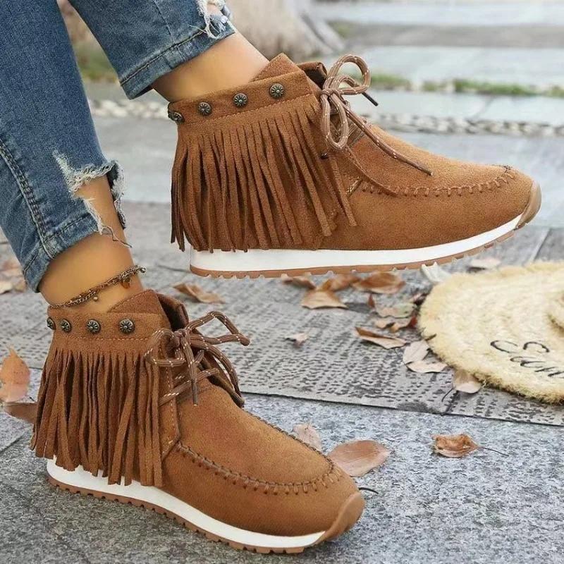 Fashion 2024 High Quality Women's Shoes Lace-up Women's Boots Fashion Tassel Modern Boots Women New Rivet Plus Size Solid Ankle Boots