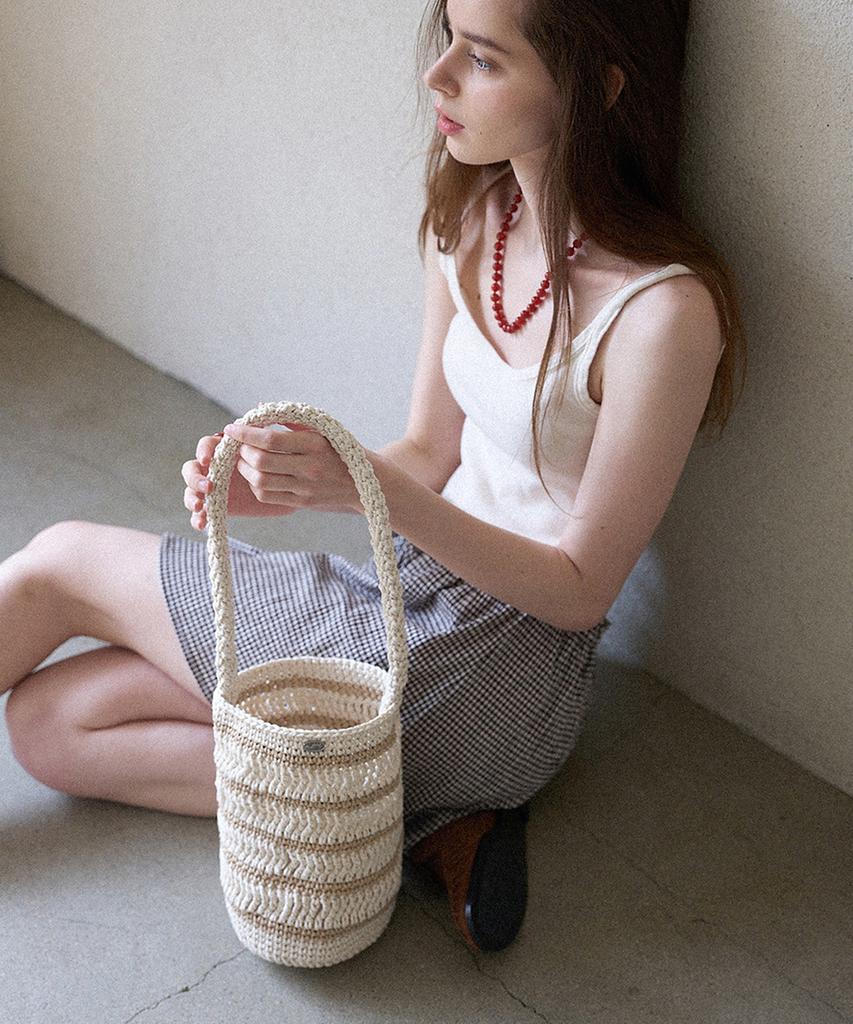 Slowslowly Moroccan Handmade Crochet Stripe Bucket Bag _ Cream
