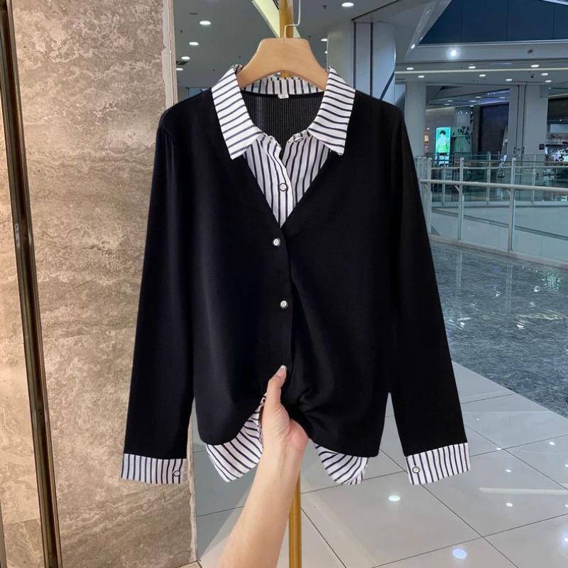 Autumn Casual Fake Two-piece Spliced Lapel Long-sleeved Shirt Loose Button Versatile Top