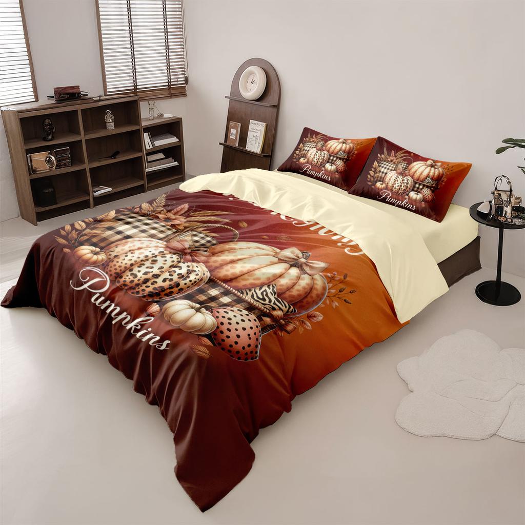 3pcs Autumn Harvest Pumpkin Thanksgiving Printed Chipless Bedding Set Multi Size Bedding Decoration for Bedroom and Dormitory