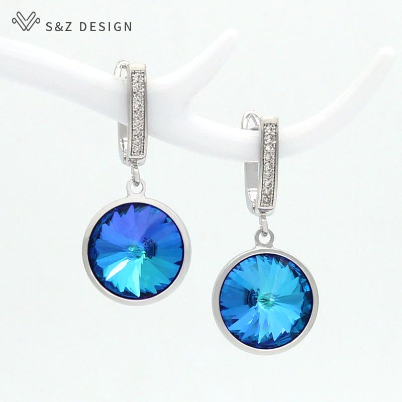Korean Luxury Elegant Colorful Round Crystal Drop Earrings Rose Gold Color For Women Wedding Fashion Jewelry