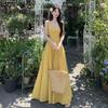 Yellow Retro French Square Neck Spaghetti Strap A-Line Plus Size Summer Dress