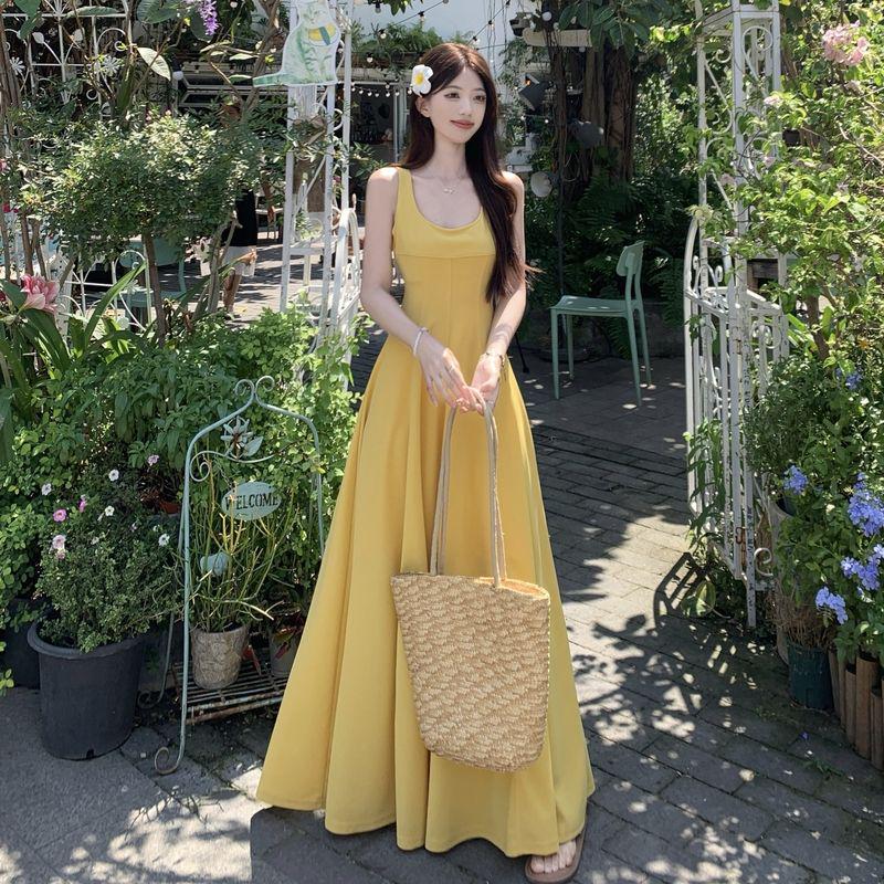 Yellow Retro French Square Neck Spaghetti Strap A-Line Plus Size Summer Dress