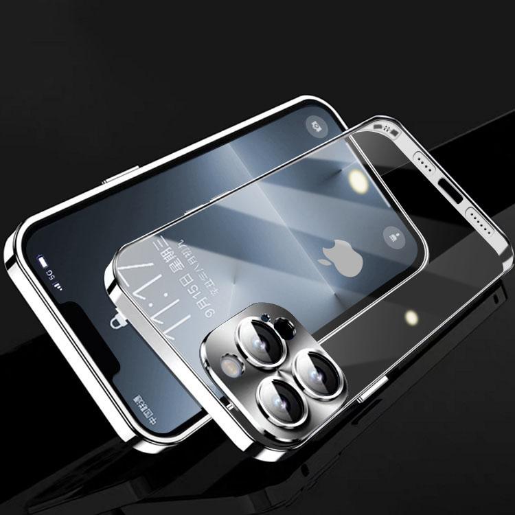 Capa de telefone de armação de metal de luxo para iPhone 14 13 12 Pro Max, capa de vidro com lente completa, capa traseira transparente