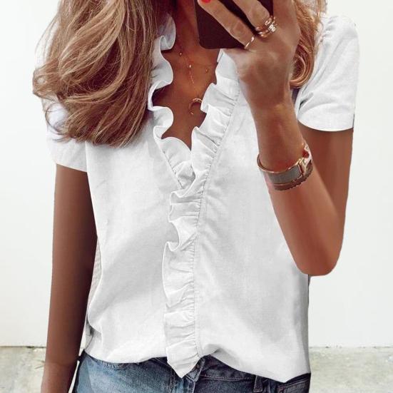 Women Summer Shirt V-neck Lace Ruffle Soft Low-cut Dating Short Sleeves Commute OL Style Summer Blouse Female Clothes