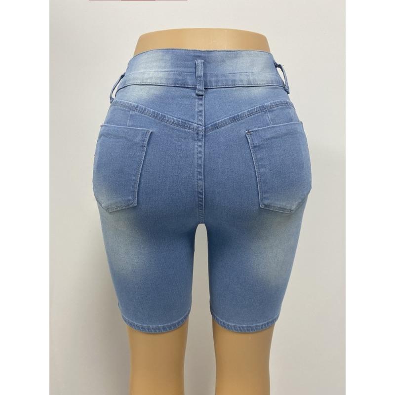 Högmidjade Jeansshorts för Dam med Riss och Hål Elastiska Tunna Slim Fit Höftlyftande Byxor