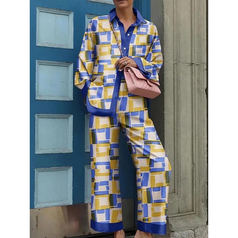 Spring New Loose Retro Print Pajamas Set Women's Pajamas Pajamas 2 Pieces Long Sleeve Plus Size Pajamas Sportswear
