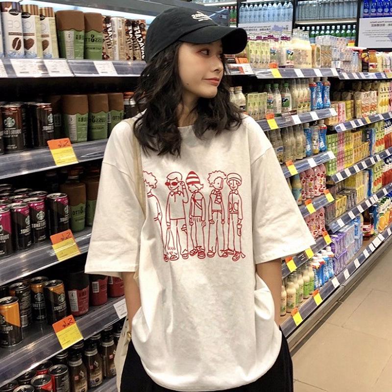 Tricou de bază versatil nou cu personaj de desene animate și imprimeu cu litere chinezesc și coreean cu mânecă scurtă, top pentru femei