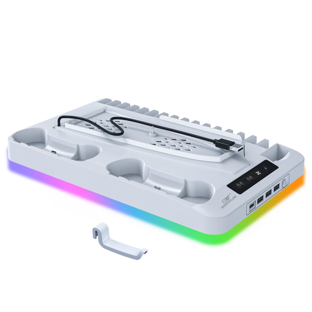 Kühlständer für PS5/PS5 Slim/PS5 Pro mit Kopfhörerhaken und 3-stufigem Lüfter-Controller-Ladestation Spielkonsolen