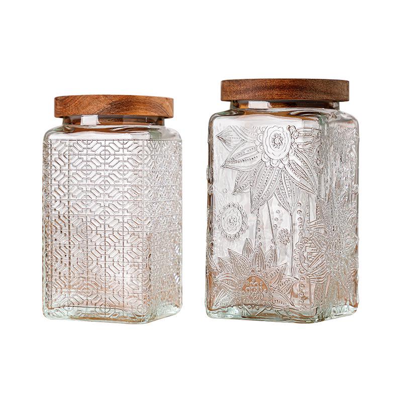 Square Embossed Glass Jar for Snacks & Dried Fruit, Retro Kitchen Storage Container