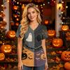 Women V Neck Short Sleeve Top with Pockets Halloween Themed Printed Scrub Shirt for Healthcare Professionals