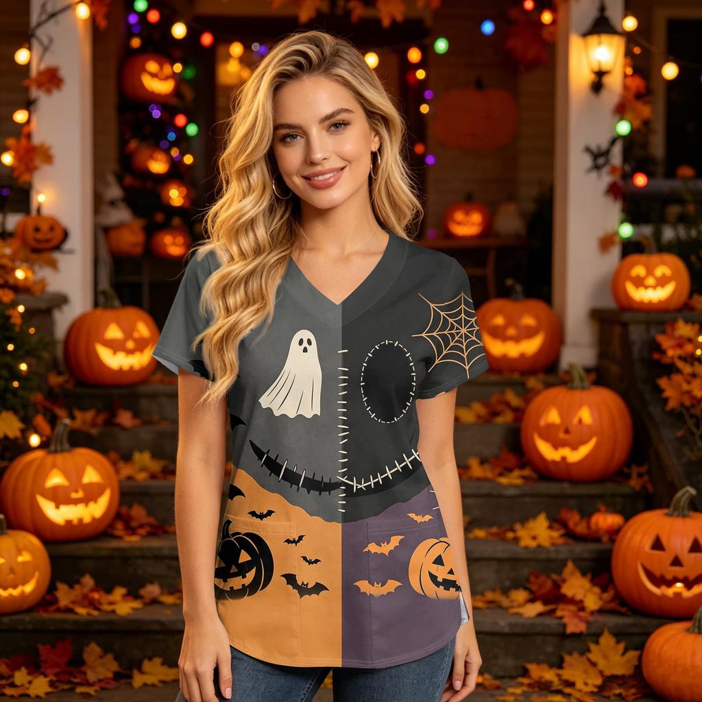 Women V Neck Short Sleeve Top with Pockets Halloween Themed Printed Scrub Shirt for Healthcare Professionals