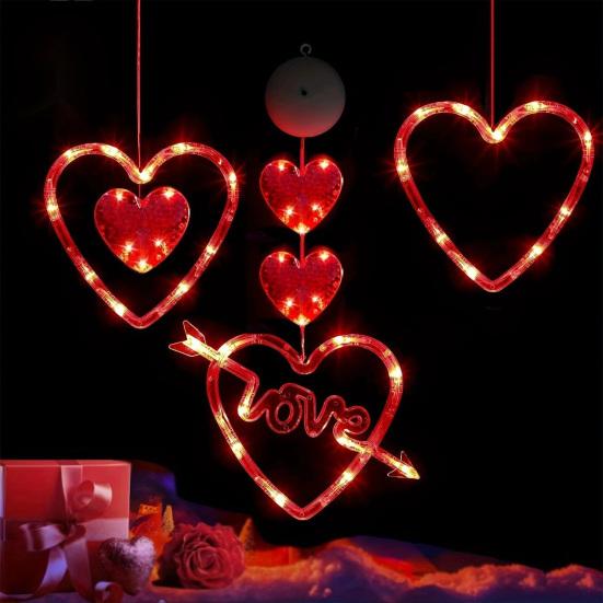 3Pcs Heart Curtain Lights with Suction Cups Portable Love Lamp Valentine's Day Window Lights with Remote Control Festive Romantic Lighting for