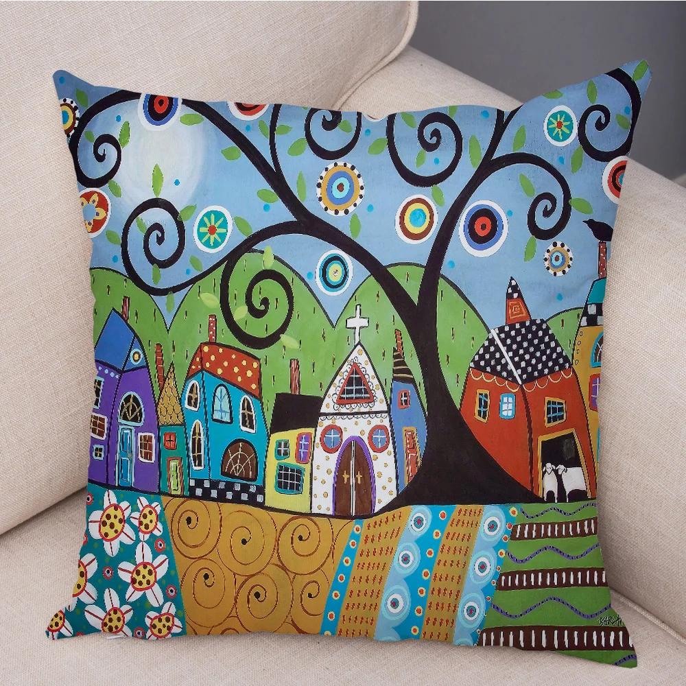 Retro Rural Color Cities Cushion Cover For Sofa Home Car Decor Colorful Cartoon House Pillow Case Tree Short Plush Pillowcase