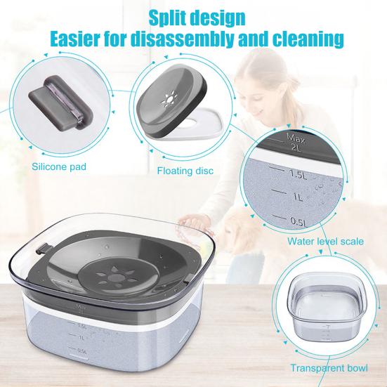 Pet Water Bowl No Spill 2L Spill Proof Clear Dog Water Bowl Anti Splash